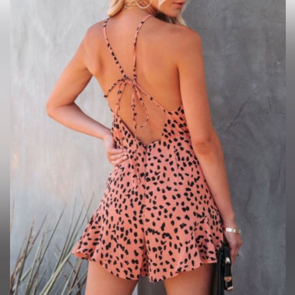 Boutique Brand Pink Black Cheetah Print Backless Tie Romper Ruffle Hem 💗 - Picture 8 of 9